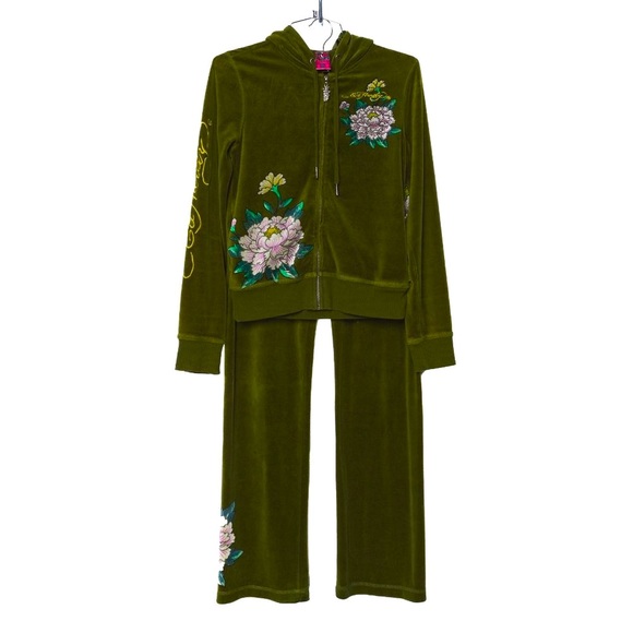 SOLD - Vintage Early 2000s Ed Hardy Green Velour Geisha Tracksuit - Size XS - Picture 2 of 16